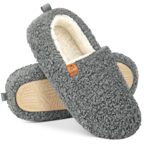 ATHMILE Fuzzy Slippers for Women House Slippers Memory Foam Curly Loafer with Polar Fleece Lining Indoor Outdoor Grey