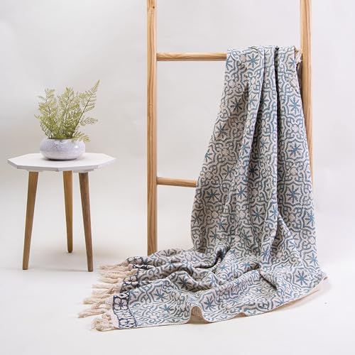 Image of Cotton Hand Block Printed Throw Blanket for Sofa, Bed, Couch, Muti Purpose Uses 50X60 Inches (Multi-Color 01)