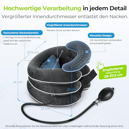 AUVON Nackenstrecker Aufblasbar für Zervikaltraktion mit 3-Schichten-Dehnungsdesign & Kinnstütz-Design, Nackenkissen Halskrause Mensch zur Schmerzlinderung Nackenunterstützung für Unterwegs Zuhause