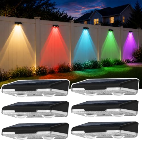 KAJICOO Solar Fence Lights Outdoor, 6 Pack Warm White & RGB 6 Color with RGB Breathing Light Mode, IP65 Waterproof LED Solar Powered Lights for Wall, Backyard, Railing, Step, Patio, Deck, Yard - image 1