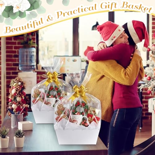 Image of Fuyoooo 8 Pack White Basket for Gifts Empty to Fill, 10 inch x 8 inch Thick Sturdy Kraft Scalloped Edge Gift Basket with Handle, 8 Wrap Bag 8 Bow 16 Tissue Paper for Christmas Wedding Birthday Wrapping Gift