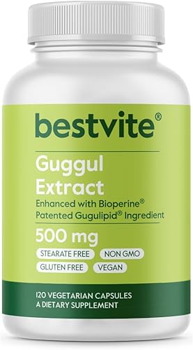 Extracto de guggul de 500 mg (120 cápsulas vegetarianas), respaldado por investigación clínica, patentado y estandarizado, mejorado por bioperina,