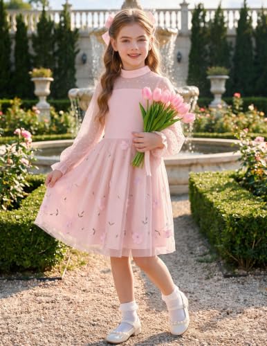 Image of Arshiner Girls Dresses Contrast Mesh Puff Long Sleeve Formal Party Dress
