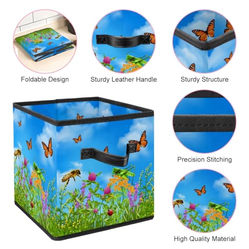 Boîte de rangement cube en tissu motif insectes d'été avec poignées - 5
