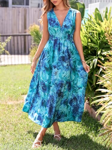 womens summer sleeveless v neck boho long dress floral print midi sundress