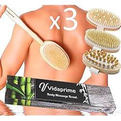 Vidaprime Cepillo Espalda Ducha 3 Cabezales Intercambiables - Cepillo Corporal Cerdas Naturales Baño - SET Body Brush Bamboo Masajeador Anticelulítico SPA - Cepillo Exfoliante Corporal (Piel Suave)