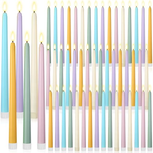 Image of Handepo 48 Pack Flameless Taper Candles Realistic with Flickering Candlelights Plastic 11 Inch Last Long Battery Operated Window Candlestick for Halloween Christmas(Light Colors)