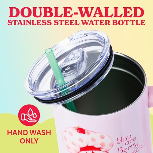 Image of Silver Buffalo Strawberry Shortcake You Are Berry Special Vintage Pink and Green Ombre Double Walled Stainless Steel Tumbler with Handle and Straw, Fits in Standard Cup Holder, 40 Ounces