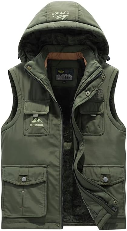 Men's Winter Outdoor Padded Safari Vest Warm Fishing Gilet with Detachable Hood Multi Pockets