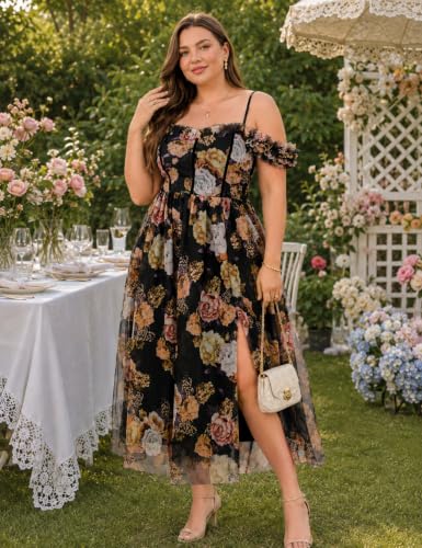 Image of EYWOL Plus Size Formal Wedding Guest Cocktail Party Floral Dress with Slit