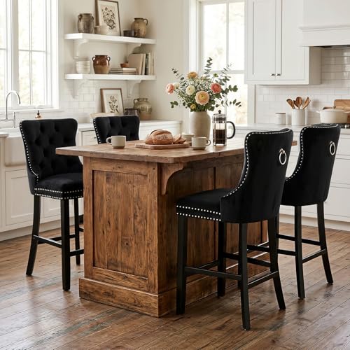 SoarFlash Modern Velvet Upholstered Bar Stools Set of 4 with Wood Legs, Button Tufted,Chrome Nailhead, Counterstool Seat, Armless Bar Chairs (Black)