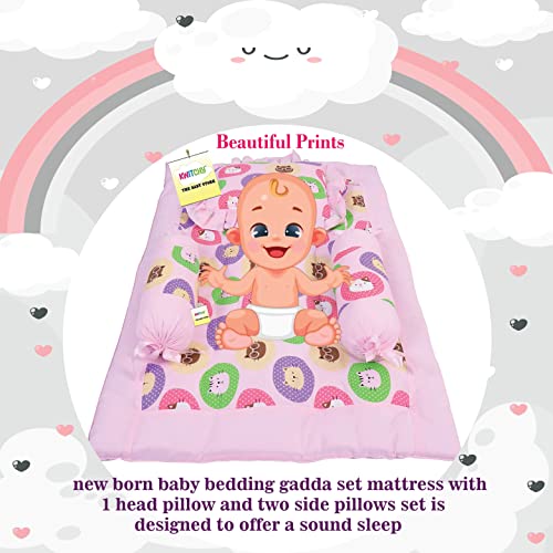 Image of Kwitchy New Born Baby Bedding Combo of Mattress with Net | 4 Pcs Gadda Set (0-6 Months) Pink (3PCS Set)