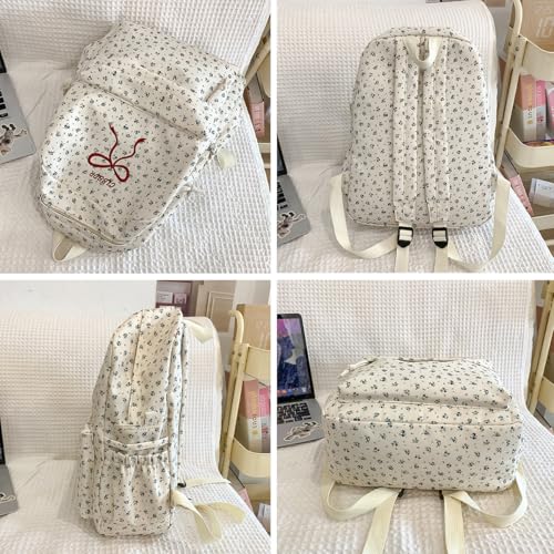 Classic Floral Printed Cute Bow Tie Embroider Backpack 16.1 Inch Kawaii Casual Simple Lightweight Travel Bag3