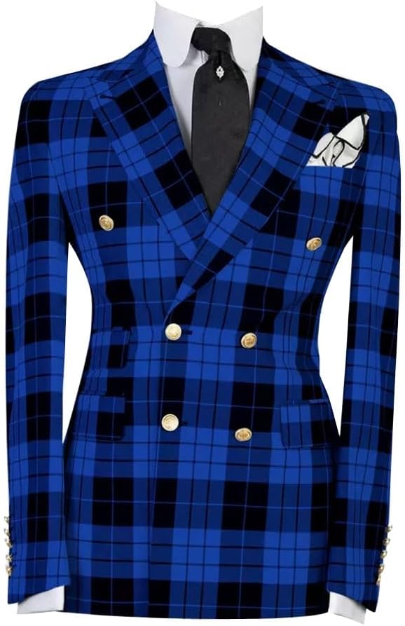 Mens Double-Breasted Plaid Blazer Checkered Leisure Prom Tuxedo Grooms 2 Pieces Slim Fit Suits Set