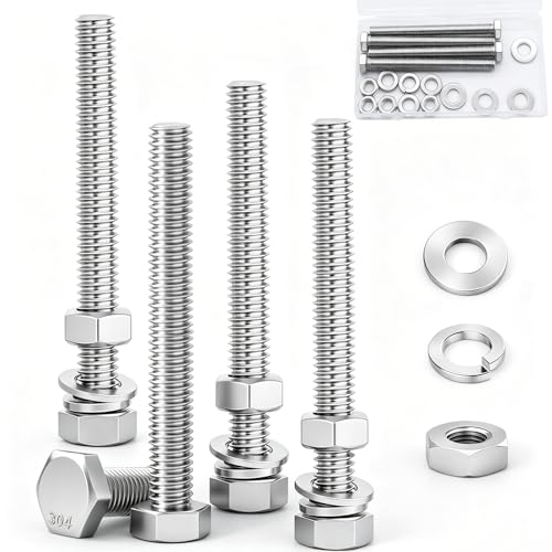 Image of 4 Sets 3 /8-16 x 4 Stainless Steel Hex Head Screws Bolts, Nuts, Flat & Lock Washers,18-8(304) Full Thread