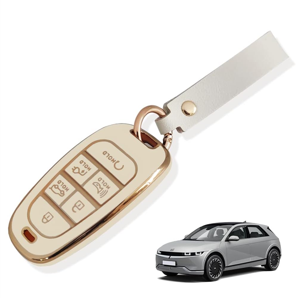 BestEvMod for Ioniq5 Key Fob Cover Accessories,Key Shells with Keychain All-Around Protection Remote Key Case Compatible with 2022-2024 Hyundai Ioniq 5 Accessories (TPU,6 Button, White)