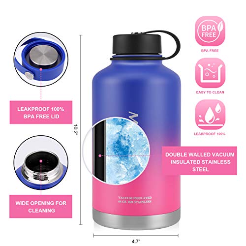 64 oz Stainless Steel Water Bottle, MOICO Double Wall Vacuum Insulated Water Bottle, Keeps Cold 24 Hours & Hot 12 Hours, BPA Free Leak Proof Wide Mouth with Travel Bag - Blue Pink
