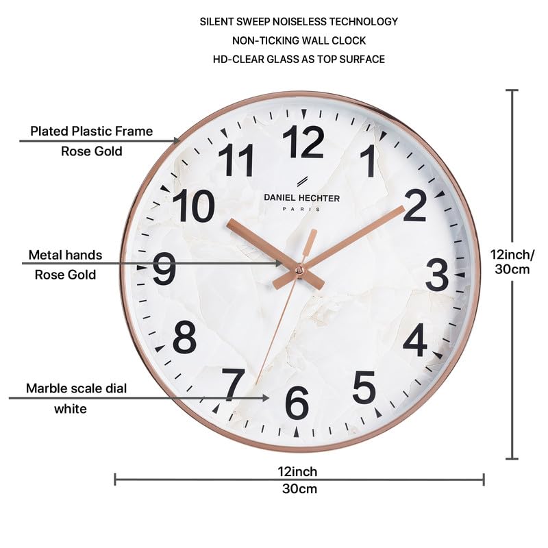 Image of Daniel Hechter Paris Moselle Collection Wall Clock, Silent Sweep Non-Ticking, 12 inch(30cm) HD Glass White Marble Dial, Rose Gold Plastic Frame, Modern Decorative Clock for Home & Office - DHCL1003