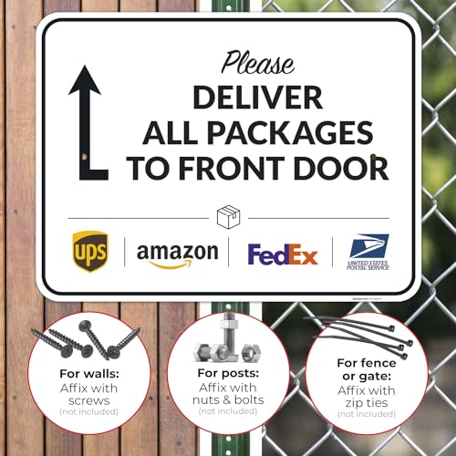 Image of Package Delivery Sign, Delivery Instructions Deliver All Package to Front Door Up Arrow Sign, 18x24 Inches, Rust Free .063 Aluminum, Fade Resistant, Made in USA by Sigo Signs
