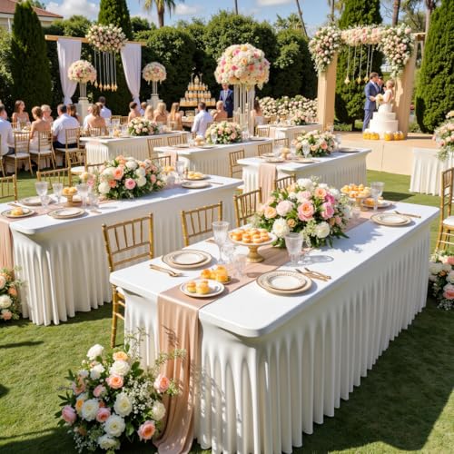 Image of Outpain 6ft Spandex Table Cloth for Standard Folding Tables-4Pack Ivory Table Cloth Table Protector for Party, Wedding, Cocktail, Banquet, Festival