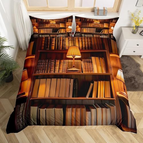 Funda Nordica Cama 90 Infantil Estantería Vintage 3D Ropa de Cama de 3 Piezas, Funda Nórdica 135x190 Estantería Fundas de Edredón Microfibra con Cremallera y 2 Fundas de Almohada A-1045