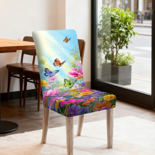 Image of Nuxovilar 6PCS Floral Butterfly Print Milk Silk Seat Covers | Stretch Slipcover Floral Protector Butterfly Wrap Seat Guard Dining Room Spring Gathering Kitchen (Spring Flower)