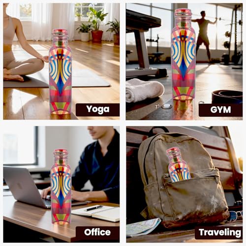 Image of Craft Trade 100% Pure Copper Water Bottle 950ml, Ayurveda inspired Copper Bottle for Drinking, Unique Handpainted Design - Boosts Immunity & Digestion, Leak-Proof, BPA-Free - 2Pk