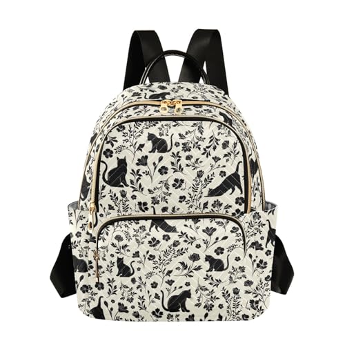 Image of Women Fashion Backpack Purse Flowers Cat Rucksack, S | Casual Lightweight Quilted Daypack Ladies Bag for College Travel Work