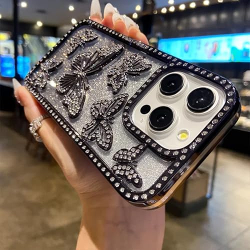 Coque iPhone 13 Pro Anti-Rayures Transparent Papillon Paillettes Coque Arrière Noire