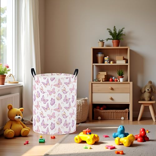 Image of Baby Laundry Basket Baby Nursery Hamper Kids Laundry Basket Toy Storage Bin for Boys Room Decor Gift Baskets for Bedroom Bathroom(Purple Butterfly)