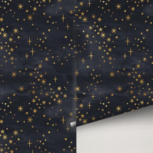 Buiory Large Eden Black Starry Sky Wallpaper - 38.6x480.6cm Removable Space Theme Wall Mural with Yellow Stars & Meteors DIY Peel & Stick Wallpaper for Bedroom Living Room Nursery Decor (204)