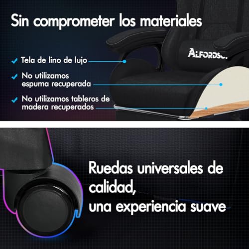 ALFORDSON Silla Gaming, Asiento Gaming con Soporte Lumbar de Masaje, Sillón Giratorio Ergonómico con Reposacabezas, Altura Regulable, Tela de Lino, Negro - imagen 6