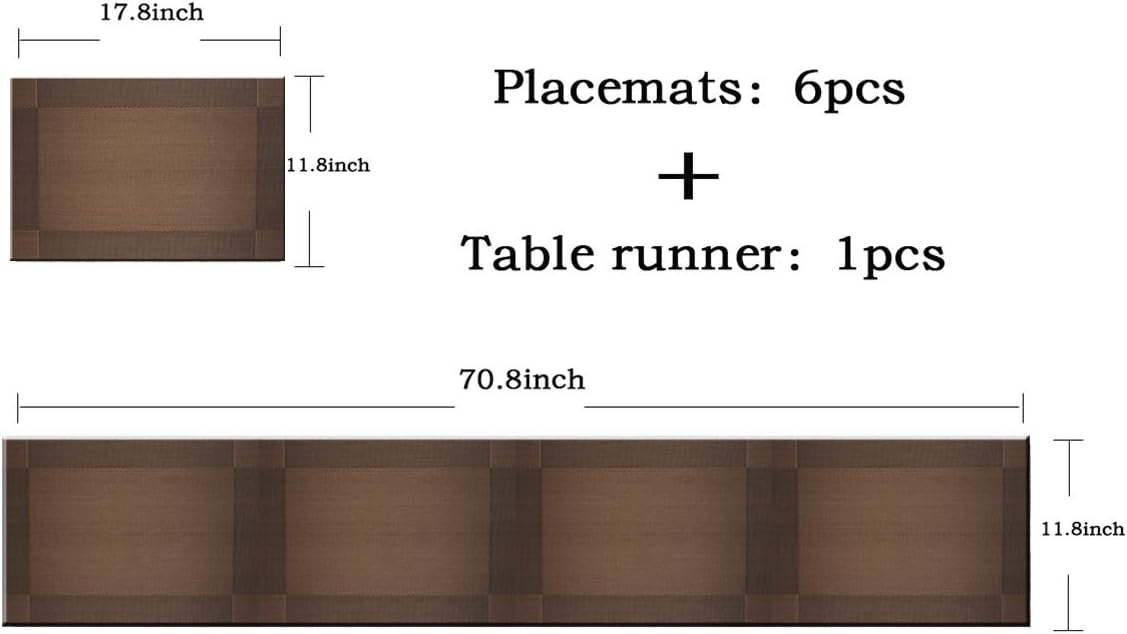 Placemats for Kitchen Table Washable Easy to Clean PVC Placemat Heat-resistand Woven Vinyl Table Mats (1 Table Runner and 6 Placemats, Brown)