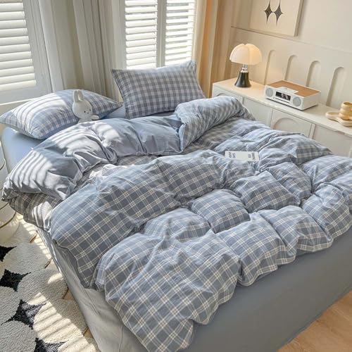 Image of Nayoroom Plaid Duvet Cover Queen Size Blue Checkered Gingham Duvet Cover 3 Pcs Reversible Vintage Grid Farmhouse Dorm Bedding Set Gifts for Women Men Soft Breathable Washed Microfiber