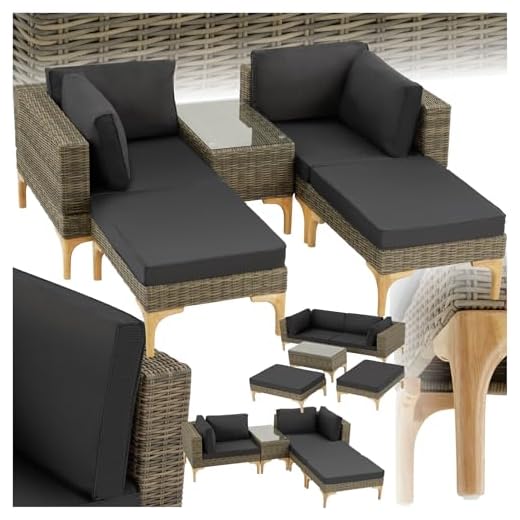 TecTake® Ensemble Salon de Jardin Exterieur en Poly Rotin Modulable Bain de Soleil 4 Places 1 Canapé 2 Tabouret Pouf et 1 Table de Jardin, Mobilier de Jardin pour Amenagement Balcon Terrasse