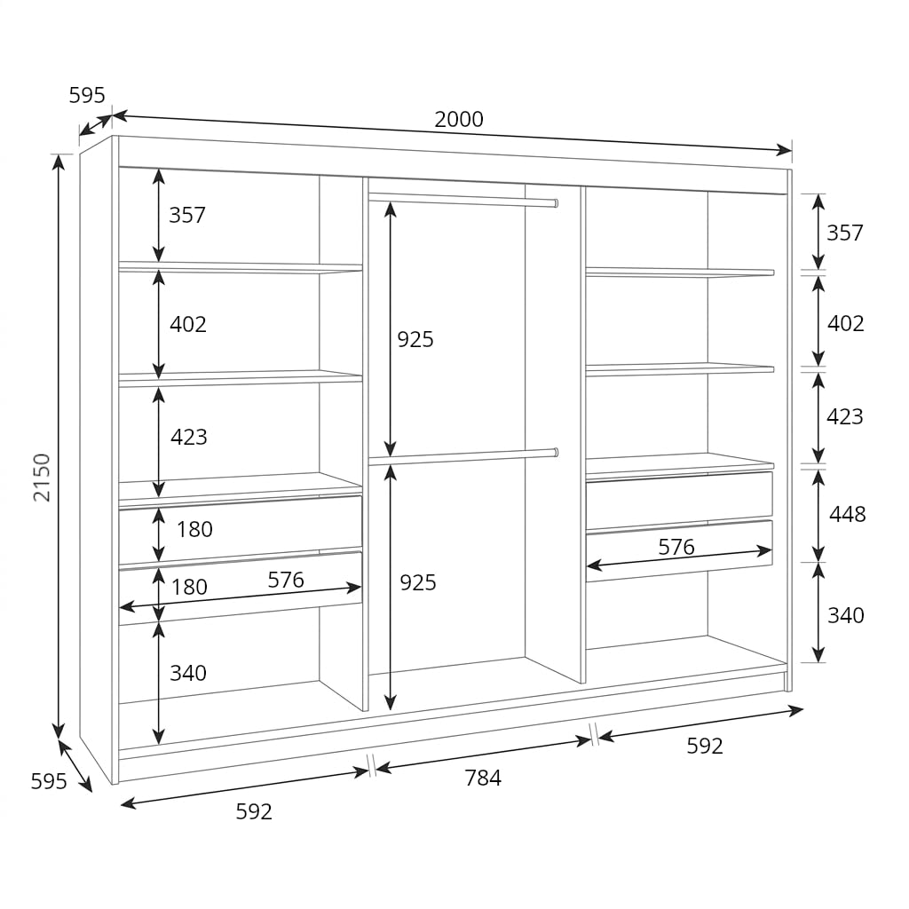 A&J MöbelLand BELANO Kleiderschrank mit Spiegel, Schwebetürenschrank 200 x 215 x 59,5 cm, 4 Schubladen, Kleiderstangen und Einlegeböden, Weiß/Graphit, Premium