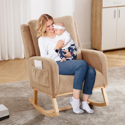 Image of HCHAIRH Rocking Chair Nursery, Boucle Nursing Rocking Chairs, Upholstered Nursery Glider Rocker Wingback Morden Rocking Chair with Lumbar Pillow for Mom Nursery, Living Room, Bedroom, Teddy Khaki