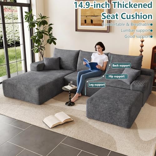 Image of 95 inch U-Shape Cloud Couch, Modern Modular Sectional L-Shape Sofa with Ottoman, Corduroy Upholstered Couches Deep Seat Sleeper Chaise Longue for Living Room, No Assembly Required(Dark Gray, Left Facing)