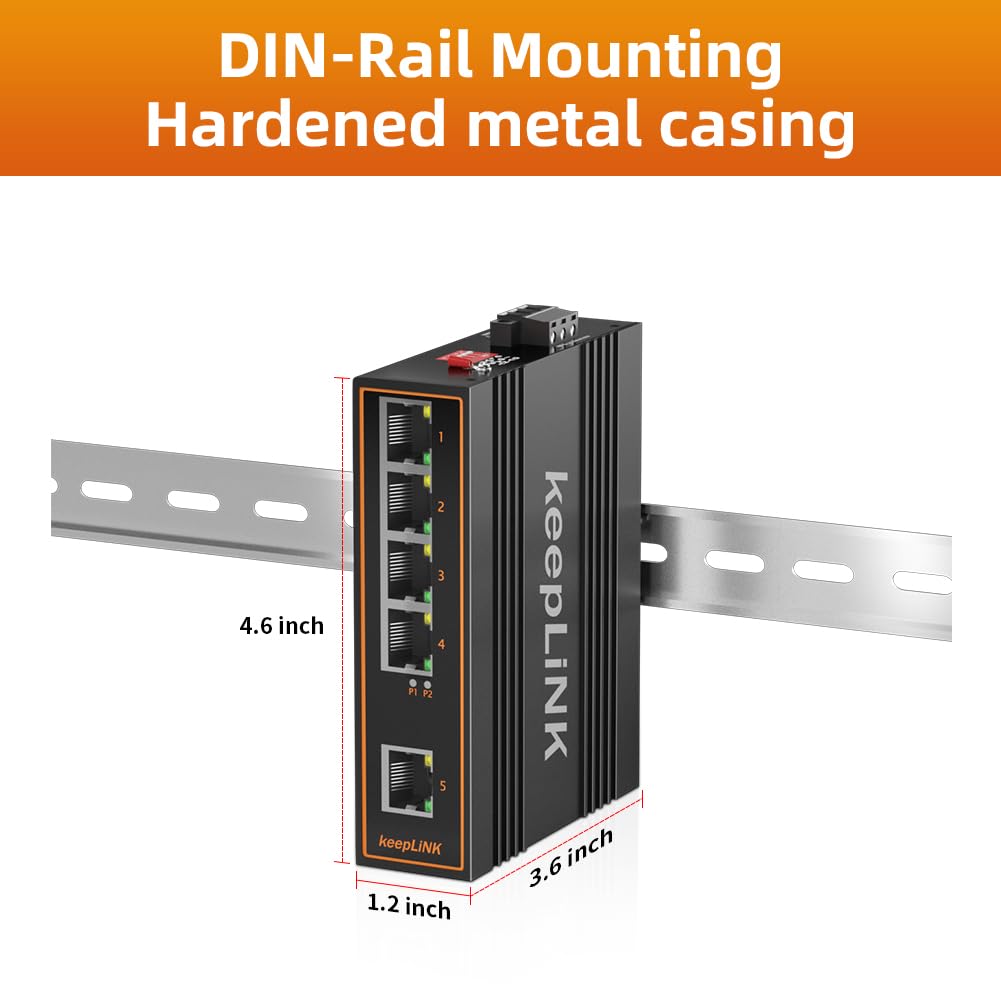 Poe Switch für unmanagtes industrielles Netzwerk mit 5 Ports, 125 W Fast Ethernet DIN-Schienenswitch, Betriebstemperaturbereich IP40 von -30° bis 75°C (-22° bis 167°F)