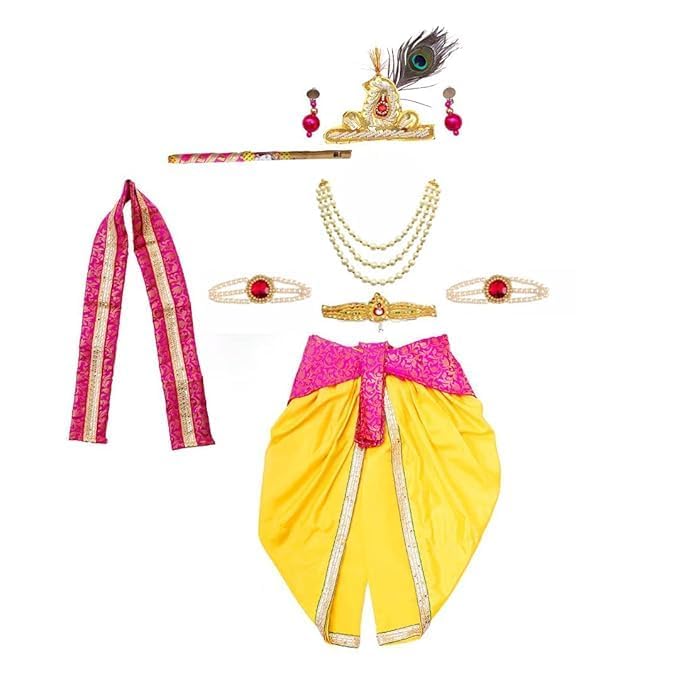 Image of ITSMYCOSTUME Krishna Dress for Baby Boy Kids Set of 10(Dhoti,Patka,Hip Cover,Mukut,Morpankh,Bansuri,Kamarband,Bajuband,Kundal) Little Krishna Ji Kanha Janmasthmi Costume for Kids