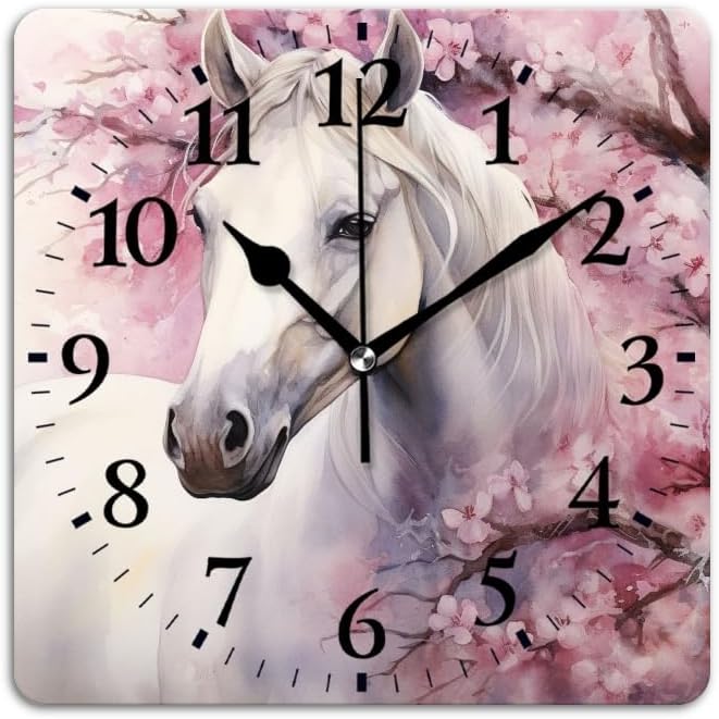 Quartz Wall Clocks Non-Ticking Silent Battery Operated Modern Wall Clocks Decorative for Home,Bedroom-Watercolor Painting of Beautiful White Horse Under Cherry Blossom Tree(14inch)