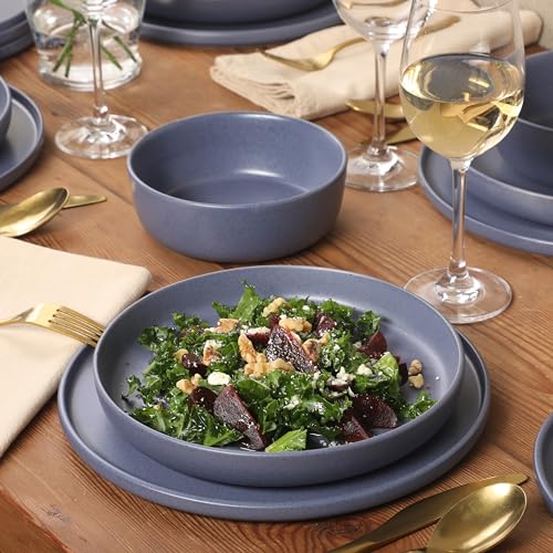 Image of Gibson Elite Bayou Moon Plates and Bowls Sets, 16-Piece Blue Matte Stoneware Dinnerware Sets, Solid Color Reactive Glaze Dish Set