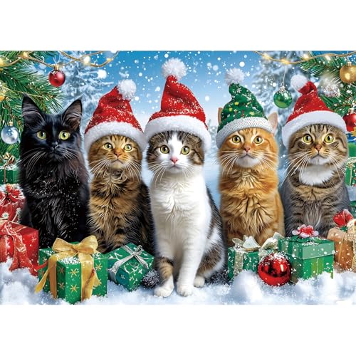 Christmas Cats Gathering 1000 Piece Puzzle for Adults, Fun Puzzles for Adults 1000 Pieces with HD Print & Poster, 27.5 * 19.7 in Dust Free, for Gifts Halloween Christmas Family Games Lovers