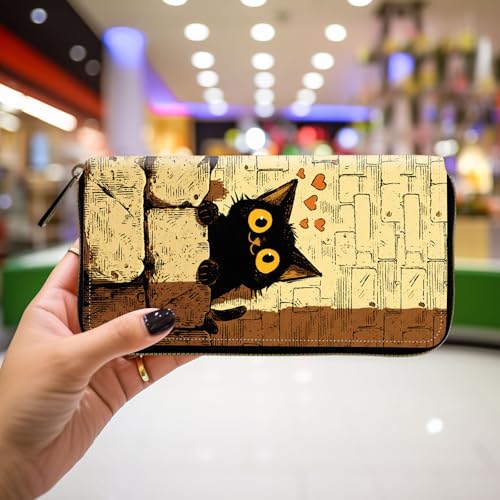 Wallet,Leather Long Wallet Suitable For Ladies And Teenagers - Detachable Wristband + RFID Travel Wallet With Card Slot - Cute Black Cat with Hearts4