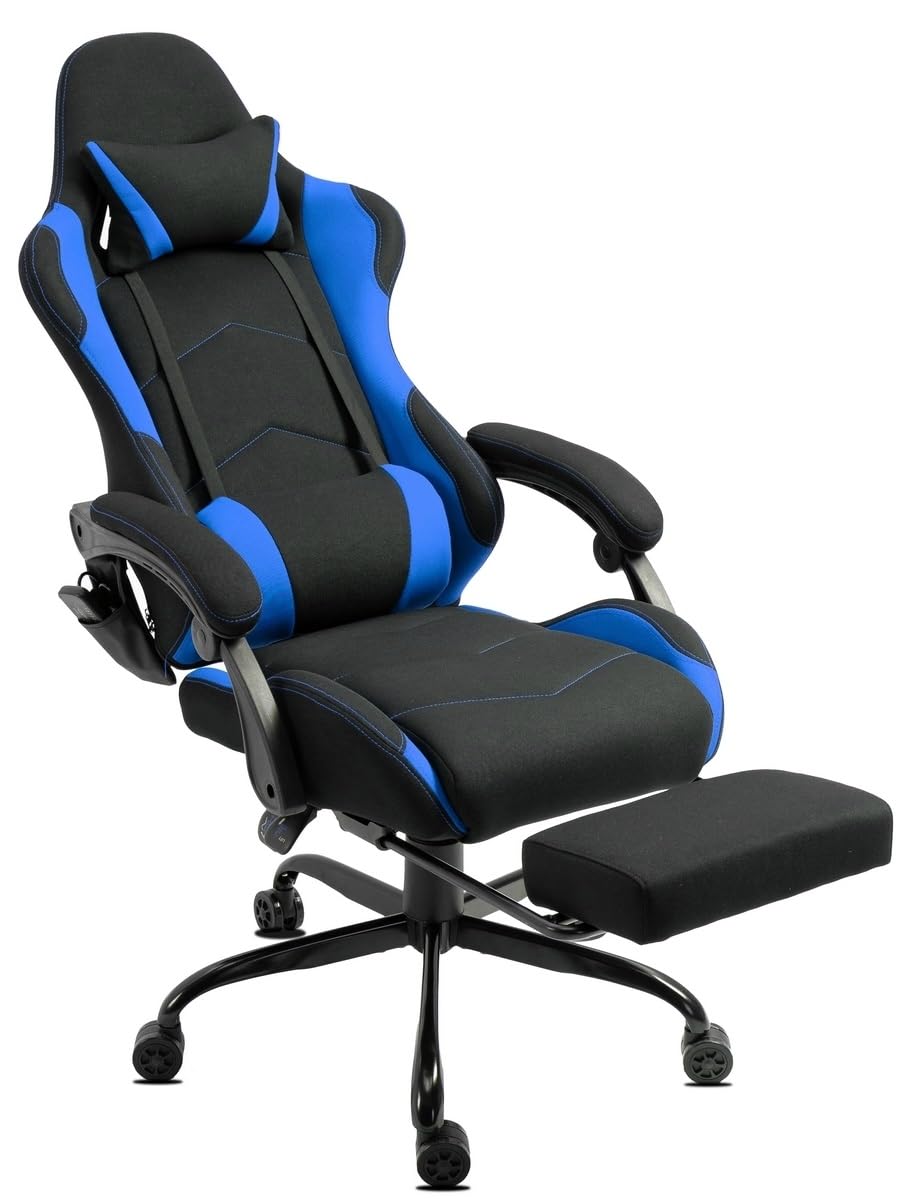 Delman Sedia da gaming da corsa, da ufficio, con funzione di massaggio con 6 punti di vibirazione, in tessuto, ergonomico, poggiapiedi 1036 (blu)