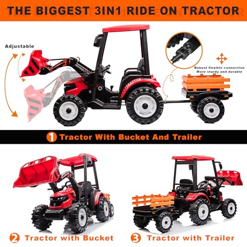 Image of Kidsera 24V Extra-Large 3-in-1 Kids Ride On Tractor w /Loader & Trailer