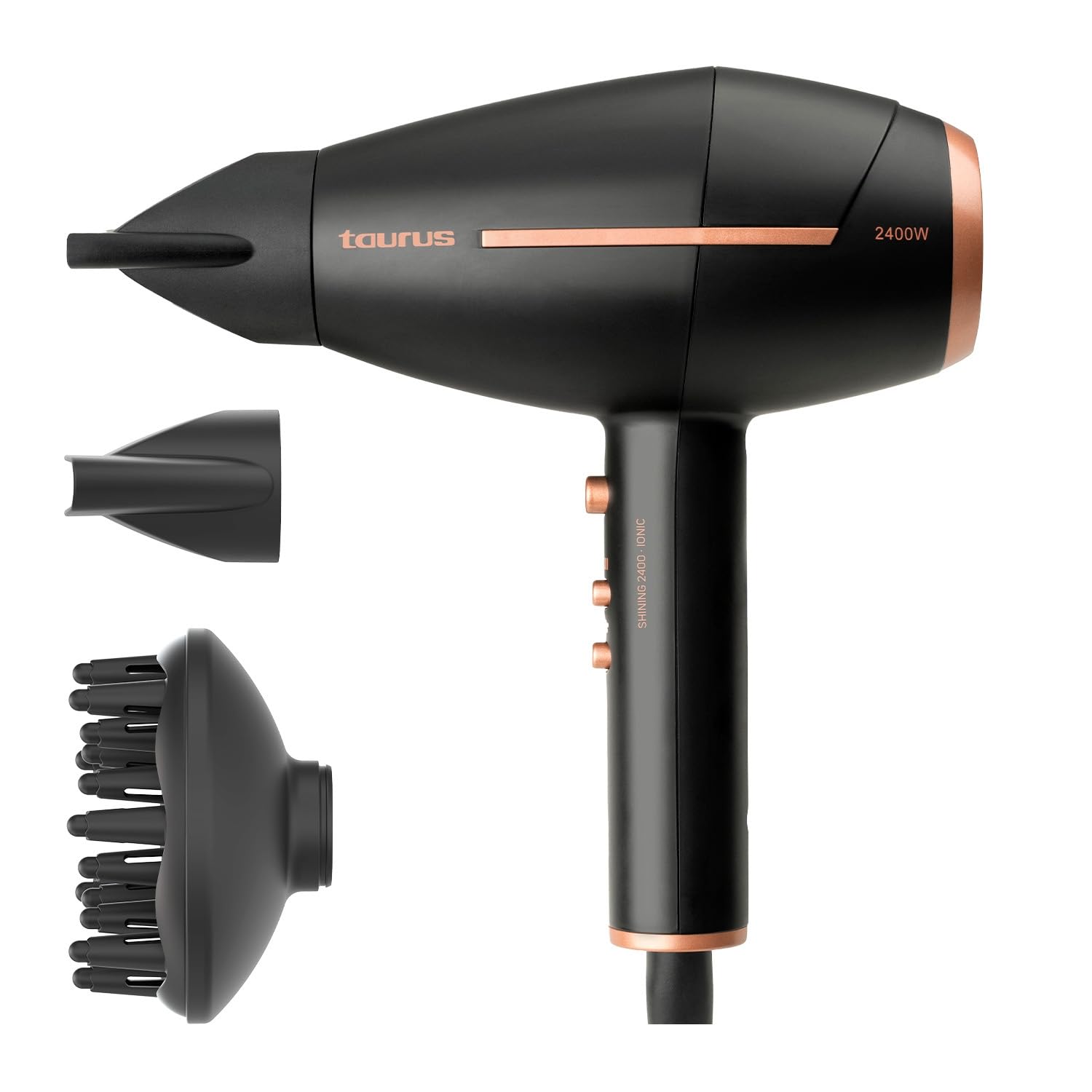 Taurus Shining 2400 Ionic, Secador de pelo iónico antiencrespamiento. Gama Pro Care. 2400W. 2 velocidades. 3 temperaturas. Diseño compacto. Aire frío. 2 concentradores y difusor
