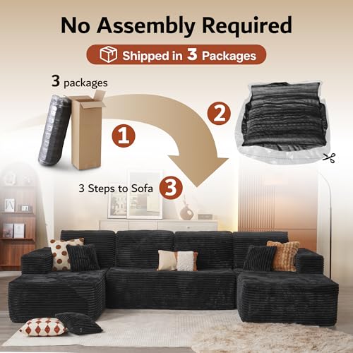 ovios Sectional Cloud Couch for Living Room, Modular Floor Sofa with Plush Corduroy, No Assembly Required, Big Comfy Couches Set with Fluffy Memory Foam, Stupendous U Shaped Sofas with Chaise, Black