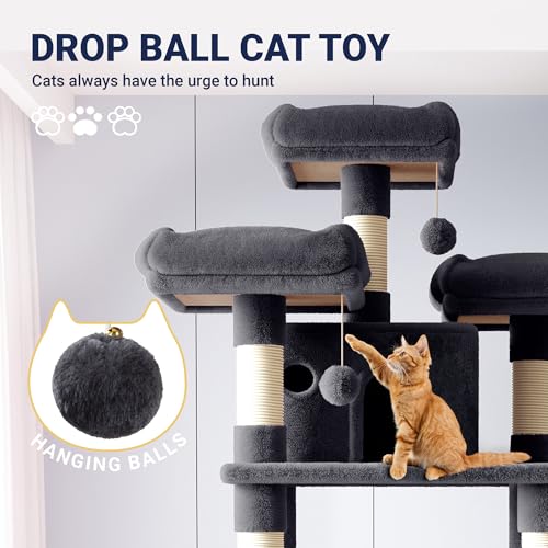 Image of Allewie 82 Inches Large Cat Tree /House /XXL Tall Cat Towers for Big Feline /Scratching Post /Multi-Level Large Kitty Climbing Tree with Condo /Smokey Grey