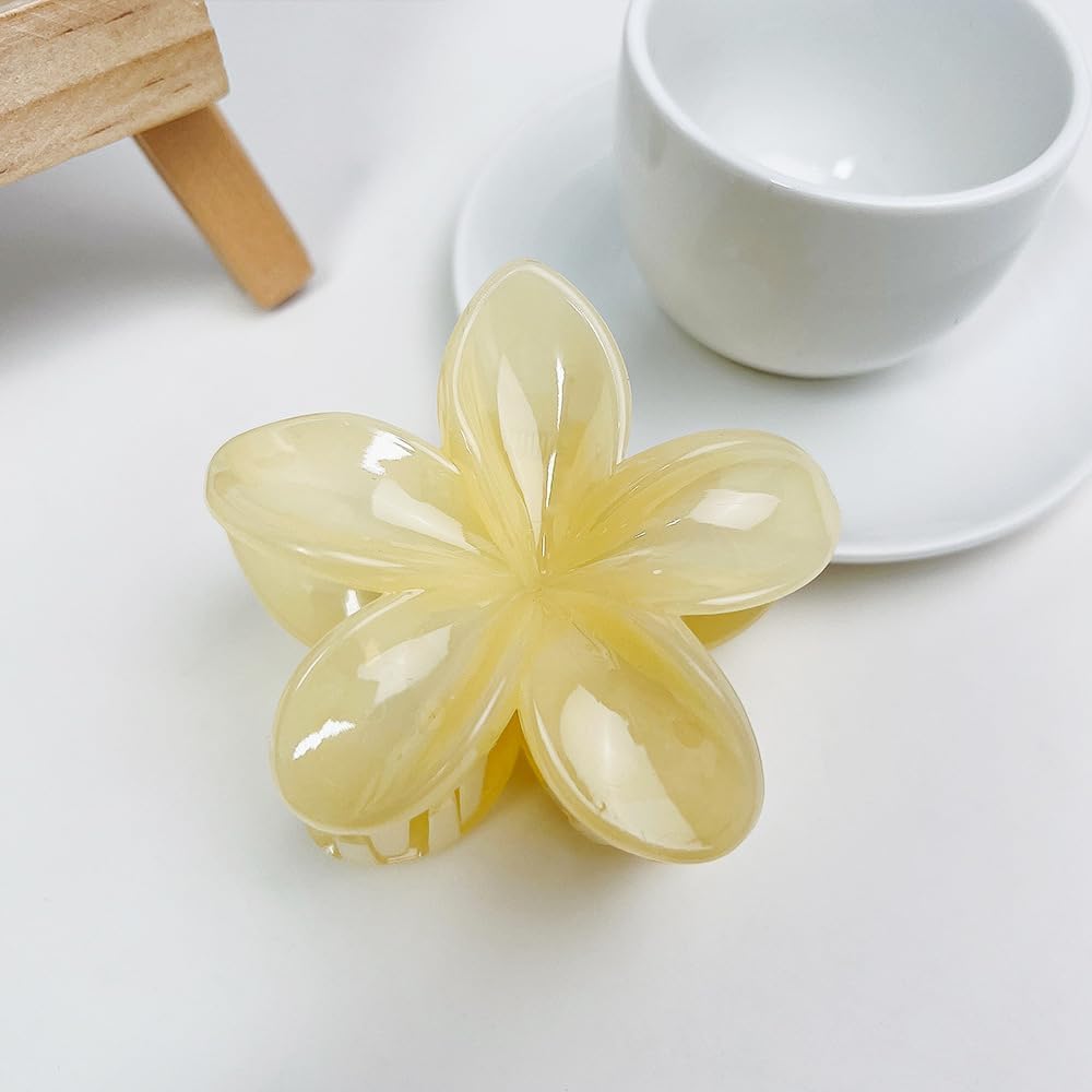 Creamy Yellow Hawaiian Flower Claw, Preppy Flower, Plumeria Clip, Hibiscus Claw for Women, Large Claws for Thick Hair, Hairs Accessories